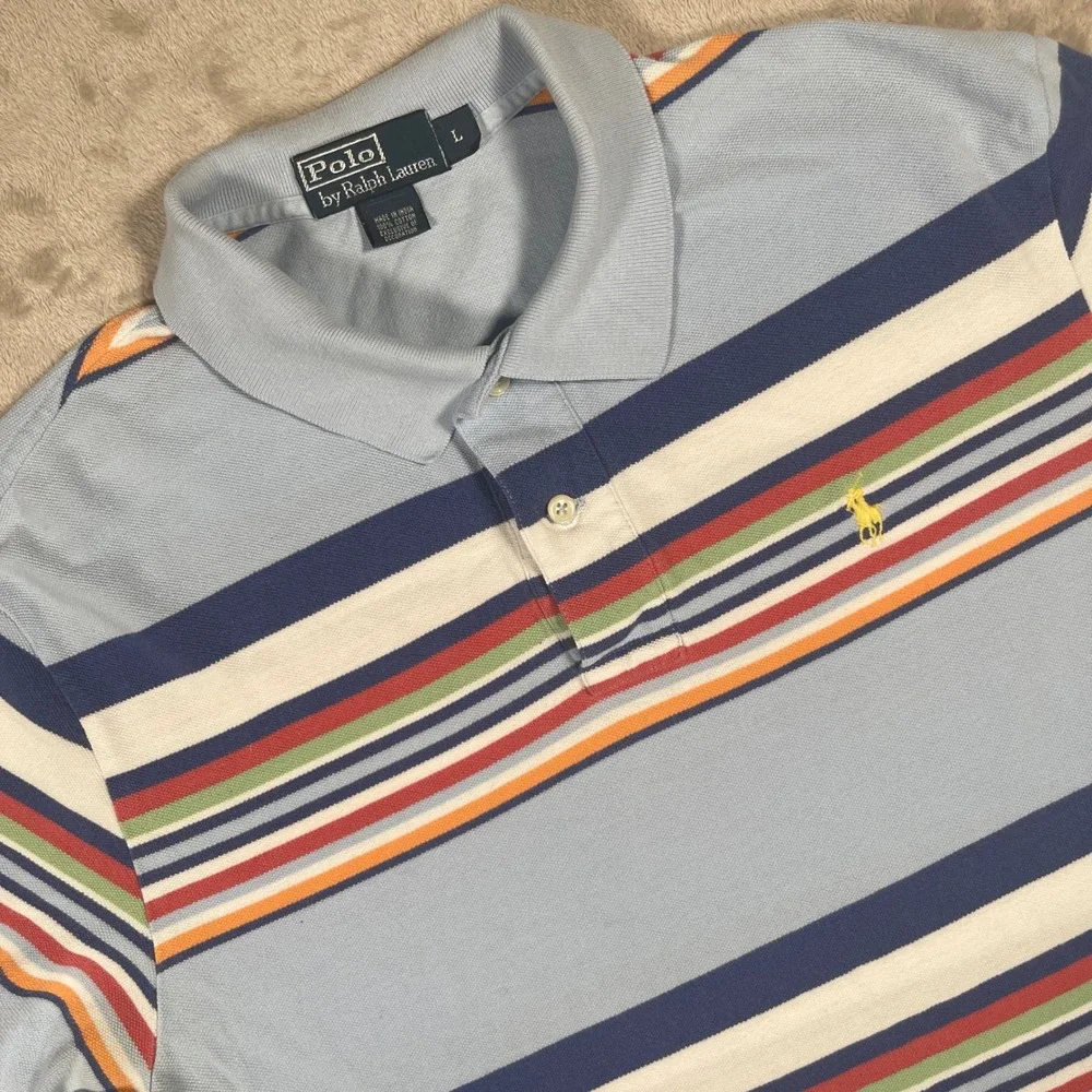 Vintage Polo Ralph Lauren Polo Shirt Multi Stripe Mens Large Blue‎ Short Sleeve